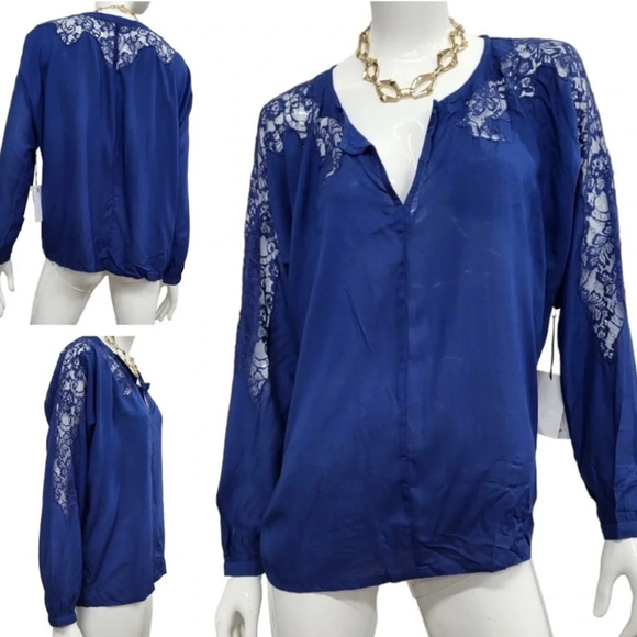 VELVET By Graham & Spencer Dark Blue Lace Long Sleeves Top BNWT S/M - Picture 1 of 10